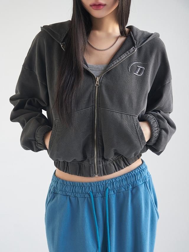 Big size 55-88 marron embroidery logo crop pigment banding hooded zip-up