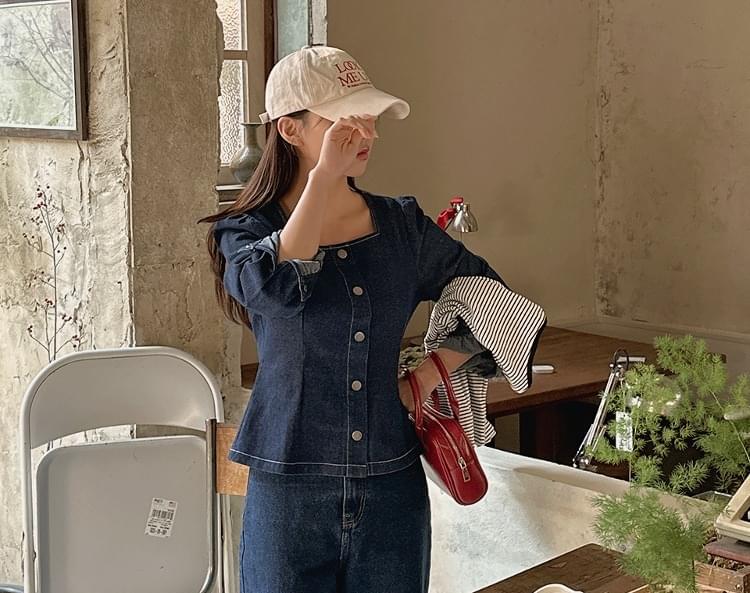 Le Devinge Denim Square Neck Blouse
