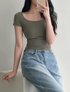 Dio back slit short sleeve T reverse back slim tee tight tee slim fit cropped square neck tee summer tee back slit t-shirt