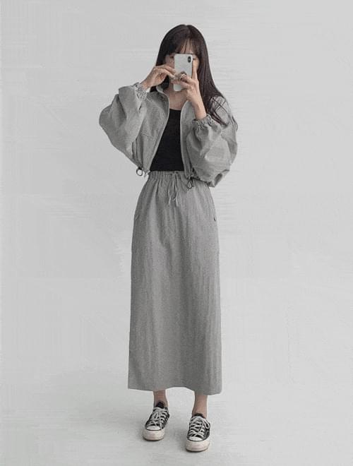 Witty nylon set - crop Jacket+ long skirt set/2color 套装