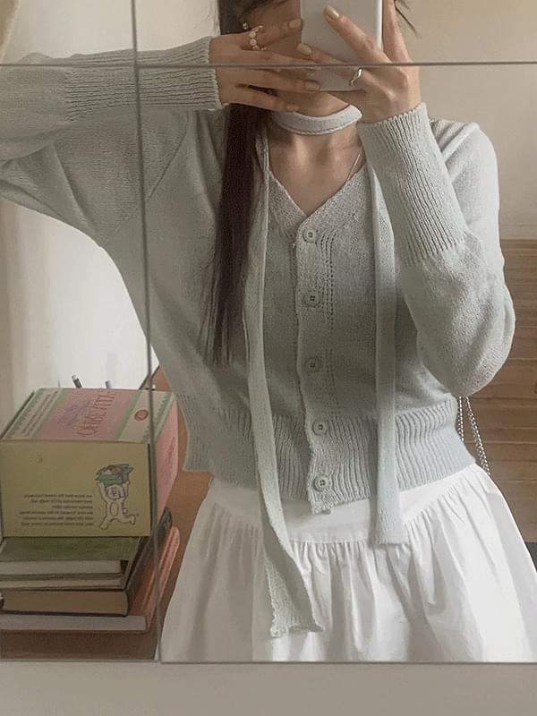 Finger V-Neck Tie Spring Summer Knitwear Crop Cardigan