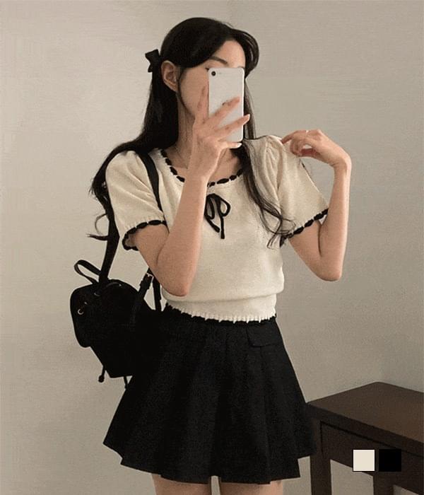 春ウィッシュリボンスクエア配色半袖ニット