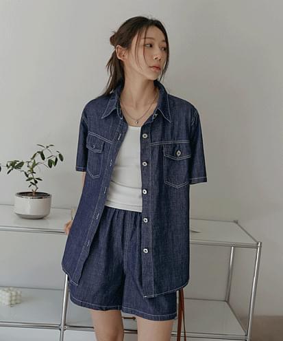 Rough Denim Shirt 2 Piece Set