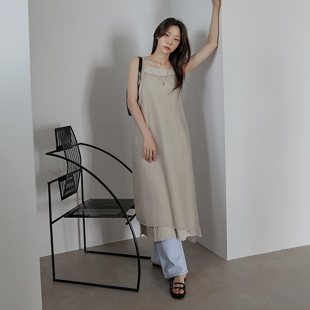 키엔 쉬폰 레이어드 슬리브리스 롱 원피스 (여름/간절기/스트랩/리본/버클/시스루/링클/언발/나시/뷔스티에/유니크)