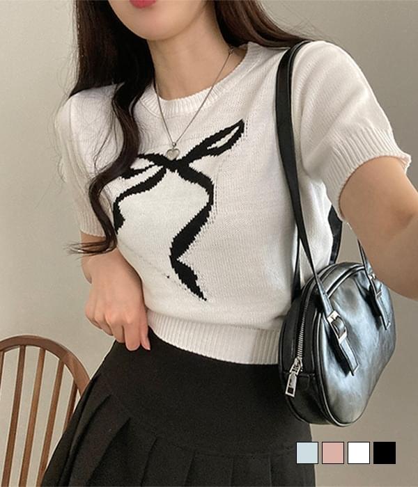 ローラリボン刺繍ラウンドクロップ半袖ニット