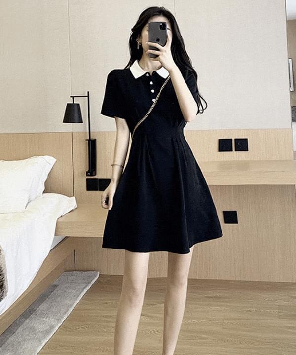 Glass collar heart button short sleeve mini Dress