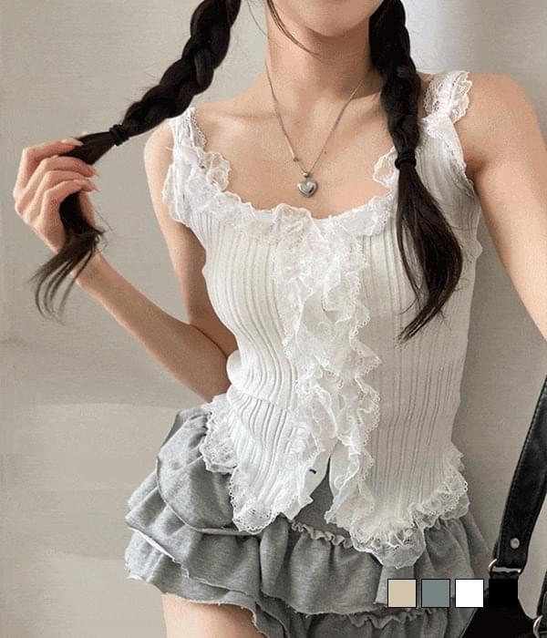 Love With You Frill Lace U-Neck Cropped Sleeveless Ribbed Knitwear Sleeveless  无袖