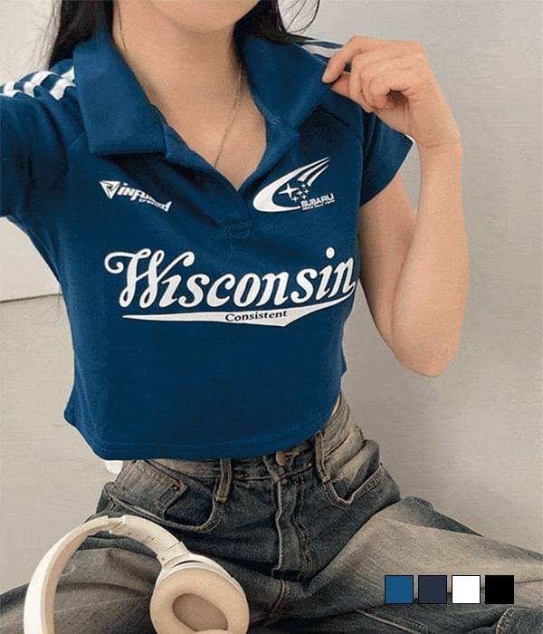 With block core jersey color combination lettering collar cropped short sleeve t-shirt 短袖上衣
