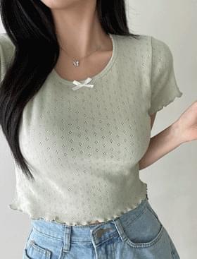 W Eyelet Ribbon Punching T Eyelet T-shirt Wave T-shirt Ribbon T-shirt Crop T-shirt Punching T-shirt Short Sleeve T-shirt Layered Pastel Slim Fit T-shirt