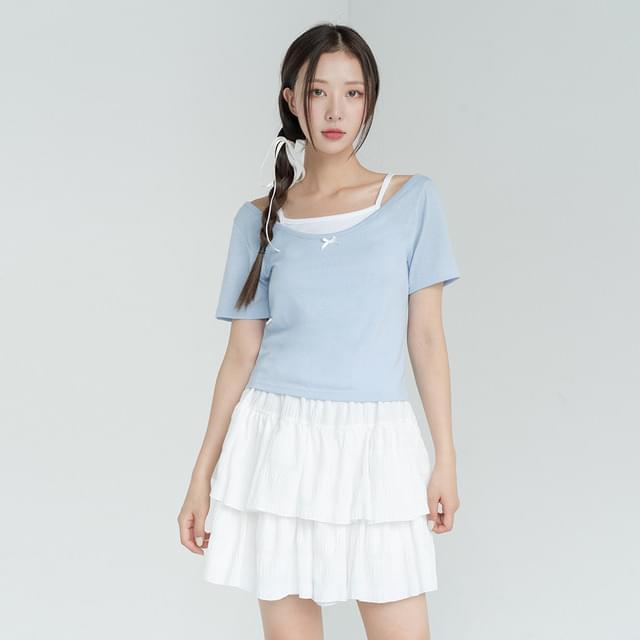 Big Size 55-99 Cure Ribbon Ballet Core U Neck Crop Short Sleeve Tee