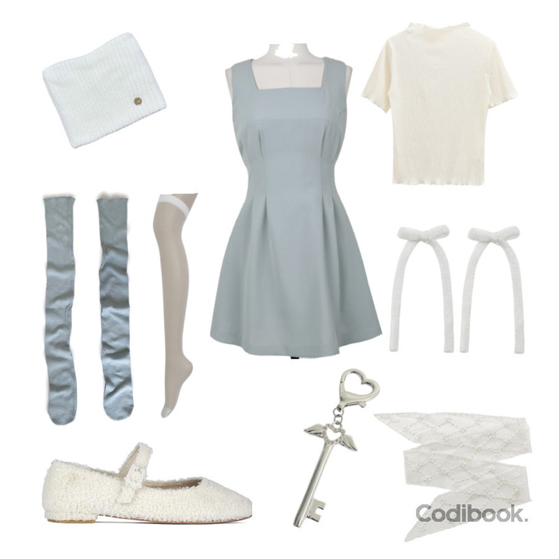 NONCODE 파비 시스루 롱 스타킹,kim9hope light modal knee socks,wonderwonder 드리머 시스루 펀칭 자수 스카프등을 매치한 코디