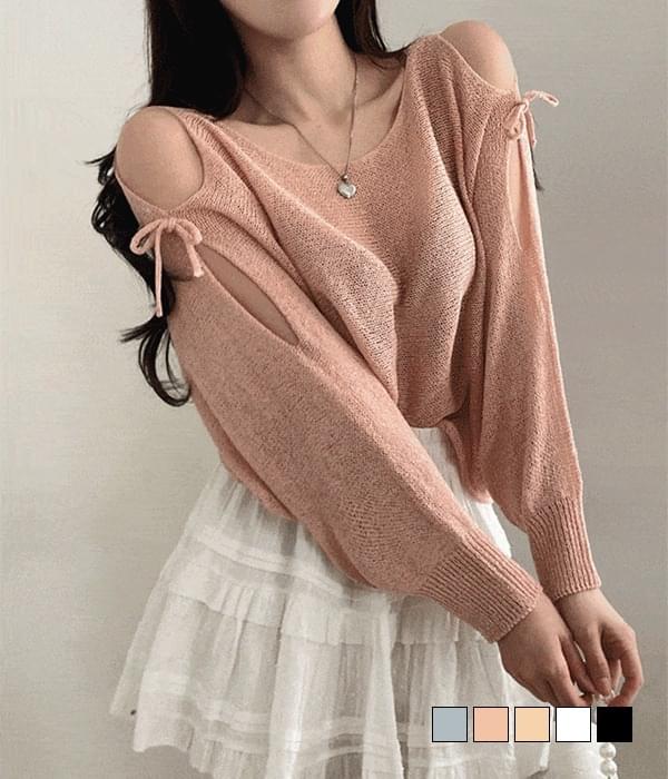Soft ribbon see-through shoulder slit booklet long sleeve Knitwear 针织衫