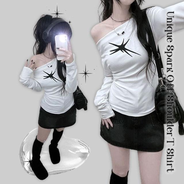 Spark Printing Off Shoulder Slim Fit Long Sleeve T-shirt