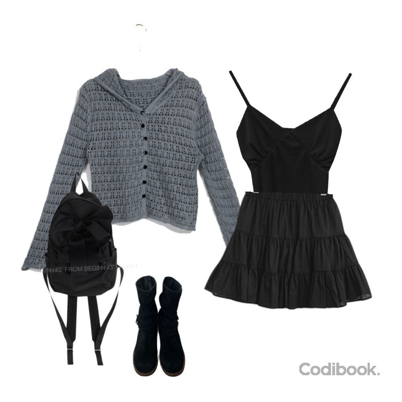 byclothes 카우 스트랩 부츠,lesshook 메르디 라인 민소매 나시 - 3color,From Beginning 빅리본 포인트백팩등을 매치한 코디