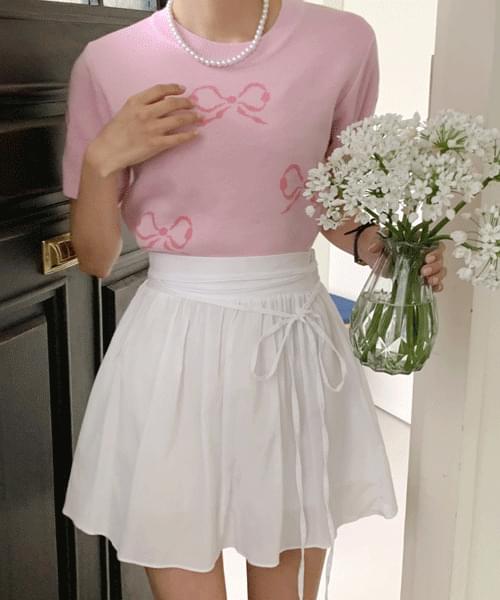 라인예쁜 뒷밴딩 리본끈 플레어 미니 스커트