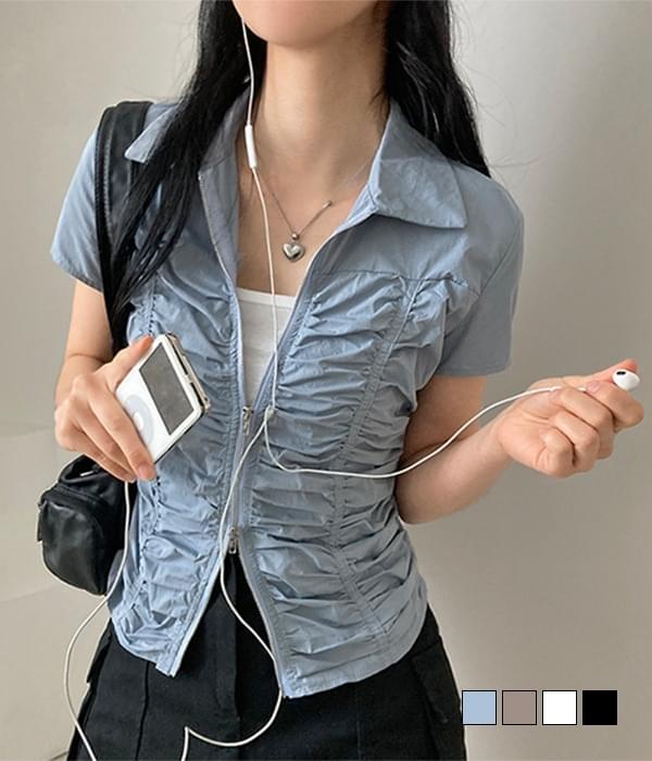 Rest rustling two-way semi-crop shirring collar zip-up Zip-up