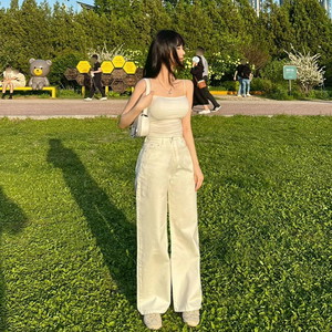 Cumulative 1,000 cotton wide pants straight pants high waist short girl summer cotton pants summer vacation look resort look ivory