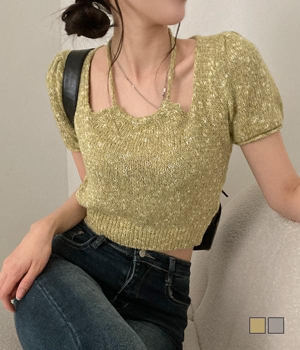 ヘイターボカシレイヤード一体型パフクロップ半袖ニット