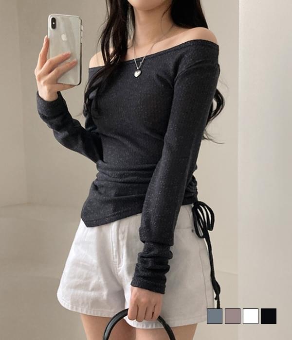 Vinuse Linen Off Shoulder Side Shirring Ribbon Lip Neck Uncut Long Sleeve T-shirt 长袖上衣