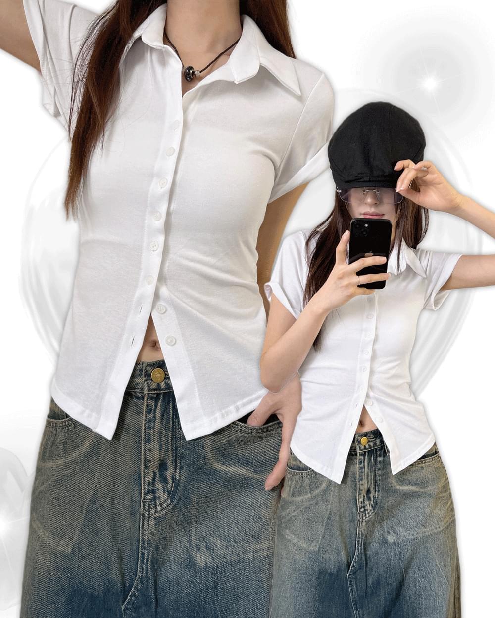 리잘 카라 단추 코튼 반팔 셔츠