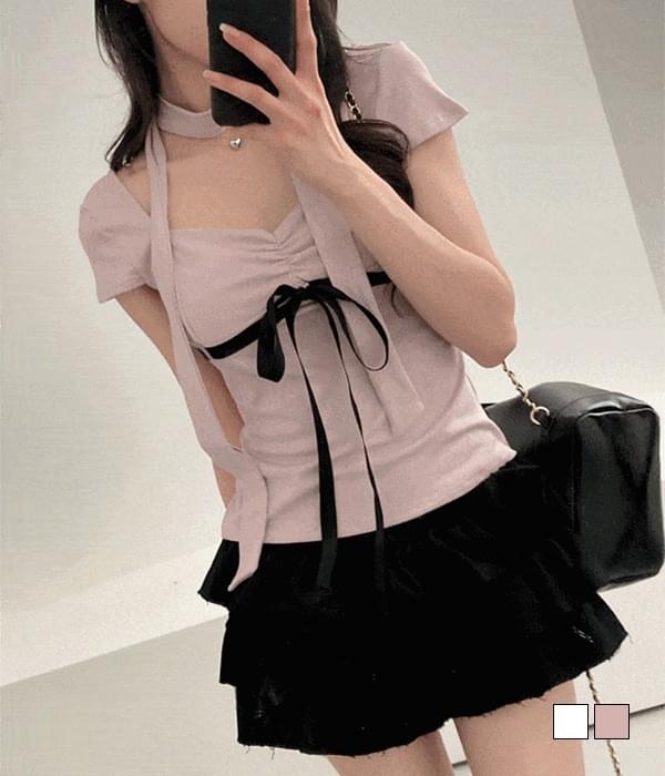 Sophie Balletcore, color matching ribbon muffler shirring crop short sleeve T-shirt two-piece set 短袖上衣