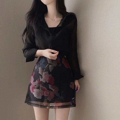 Organza flower see-through shirt + miniskirt two-piece set 2 colors