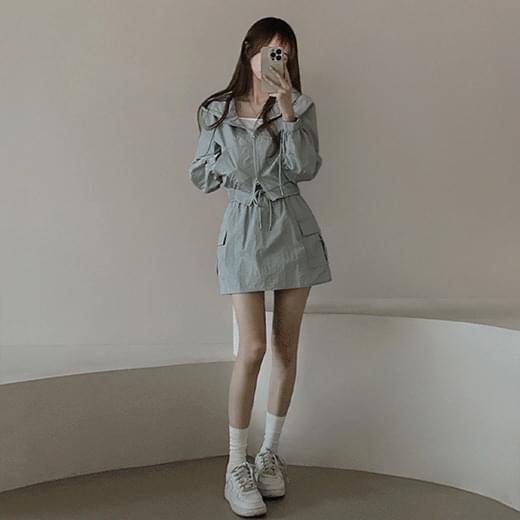 Rustic nylon hood crop zip-up + cargo mini skirt set 3 colors 套装