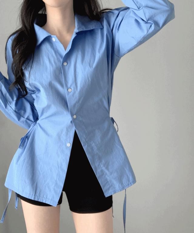 Eileen Ribbon Collar Button Long Shirt Shirt Blouse