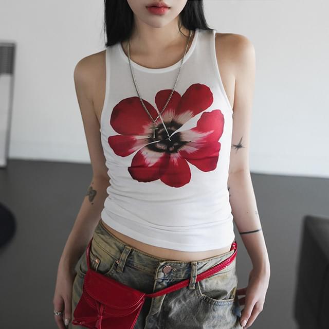 大紅花印花無袖背心上衣