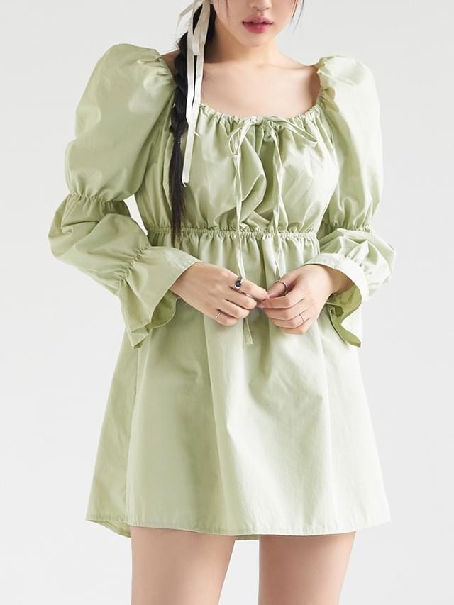 55-77 Morning Square Puff Ribbon Shirring Long Sleeve Mini Dress