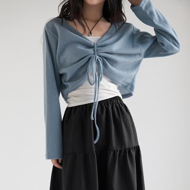 Big size 55-88 Rento strap shirring long sleeve cropped Knitwear T-shirt 针织衫
