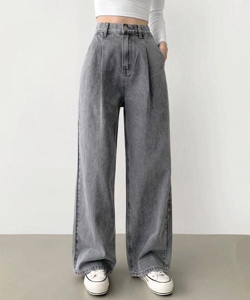 【BOK PLACE】Raw Banding 2 Way Pintuck Long Wide Denim Pants BOKPLACE - ~2XL pin tuck banding Faded 4 seasons jeans long