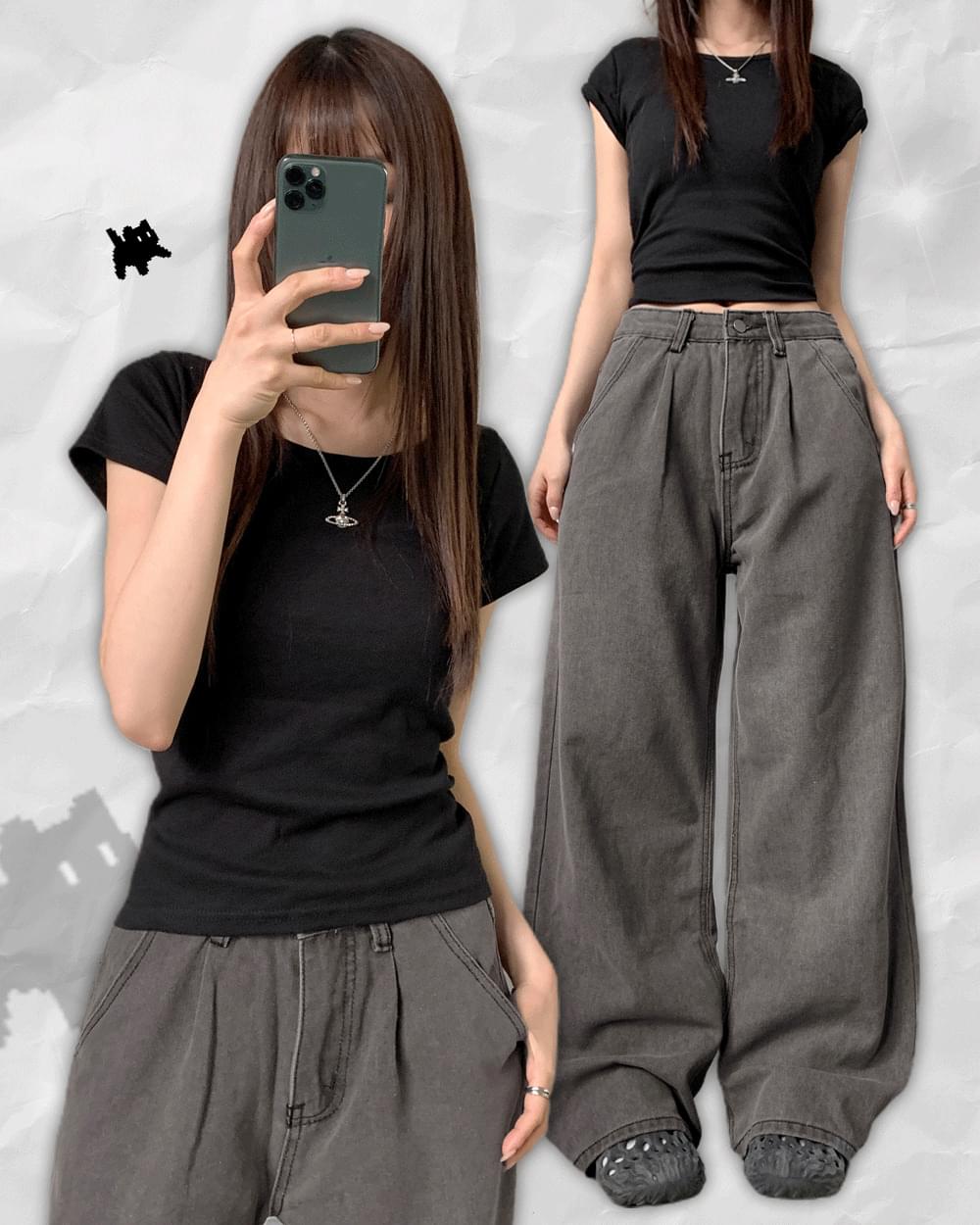 Ger Basic Plain Soft Slim Arm Cover U-Neck Cropped Short Sleeve T-Shirt (Delayed delivery)