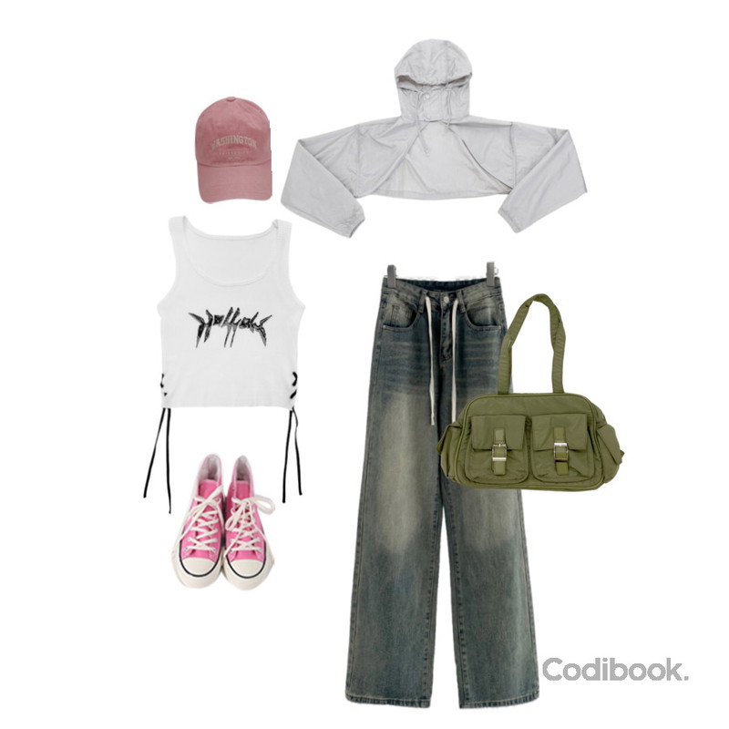 From Beginning 하이탑 컨버스스니커즈 (9color),ondeed 로칸 투포켓 나일론 숄더백,JASMINBELL 베건 샌드워싱 허리스트링 하이웨스트 루즈핏 빈티지 와이드 캐쥬얼 롱 데님 팬츠 청바지 (사계절팬츠 워싱팬츠 진청 흑청 중청 데님팬츠 하이웨스트 워싱데님 롱팬츠)등을 매치한 코디