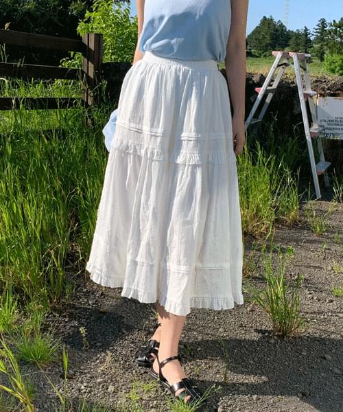 지금부터준비 레이스 셔링 플레어 밴딩 롱 스커트