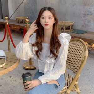 Lace punching embroidery frill puff square neck blouse see-through smoked A-line cancan flare cropped balloon sleeve shirt ivory