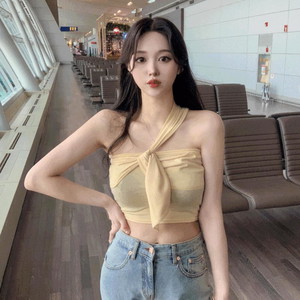 Volume UP Twist One Shoulder Sleeveless Wrap Ribbon Blouse Unbalanced Sleeveless Off Shoulder Sexy Look