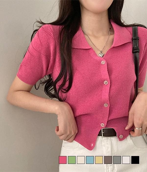 Log Linen Collar Short Sleeve Knitwear Cardigan