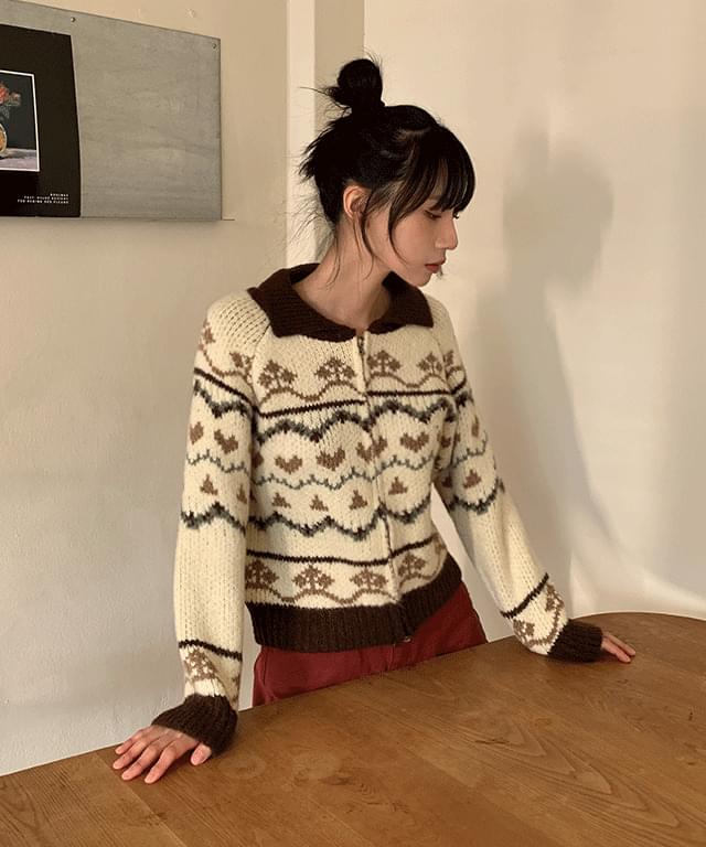 Deobi Nordic collar two-way zip-up cardigan - 3 colors