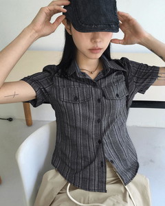 Hashi Western Striped Pocket Gullim Crop Short Sleeve Shirt