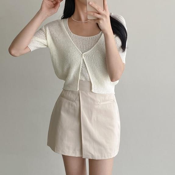 Teddy Boucle Cardigan Sleeveless SET Short Sleeve Knitwear Cardigan Bustier Knit Two Piece Set Twin Set Layered One Button Crop 短袖上衣