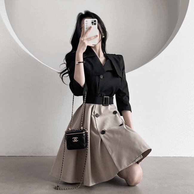 Square shoulder three-quarter color combination trench spring Dress one-piece