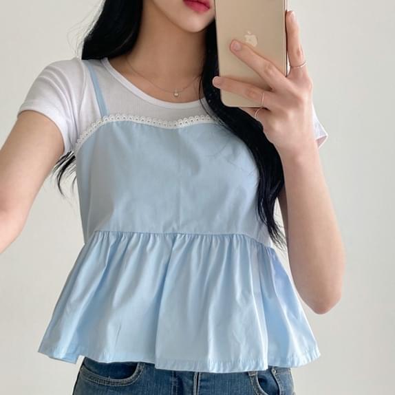 Multi-lace ribbon Sleeveless BL front and back wear layered Sleeveless top layered bustier cotton cotton Sleeveless tank top string tank Sleeveless crop shirring frill 无袖