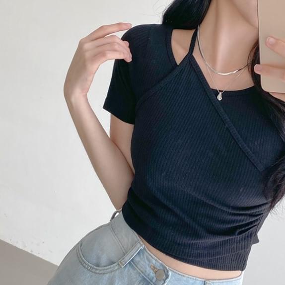 U&Lab Halter T Ribbed layered tee Halter T-shirt Crop tee Pastel tee Double layered tee Shirring tee Unbalised tee 短袖上衣