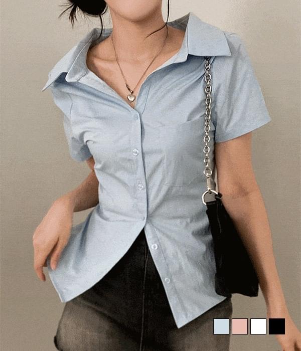 Line creation, ribbon open collar pocket, back waist strap, shirt Shirt
