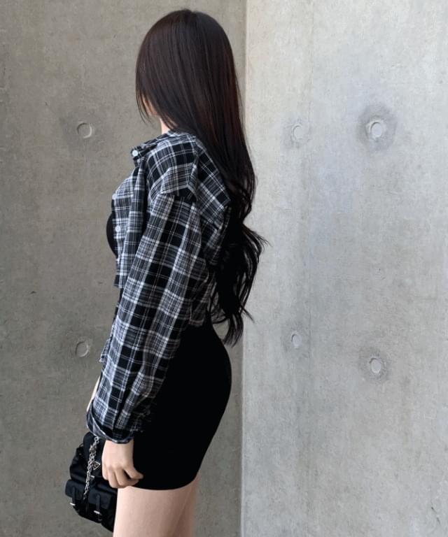 템포 스트라이프 트임 체크 크롭 레이어드 카라 남방 긴팔 셔츠