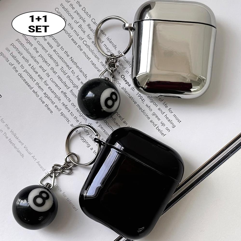Billiards Pocket Ball 8-Ball Keyring Set Black Silver Metal Hard AirPods Case