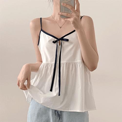 색감 맛집, 페릴 배색 리본 플레어 뷔스티에 세미크롭 나시 블라우스 (4color)