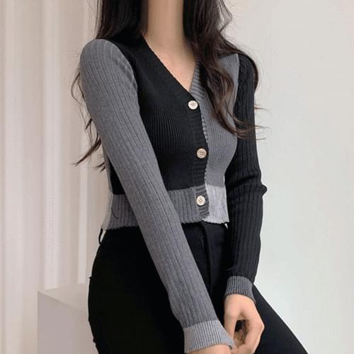 Two-tone check color cropped cardigan