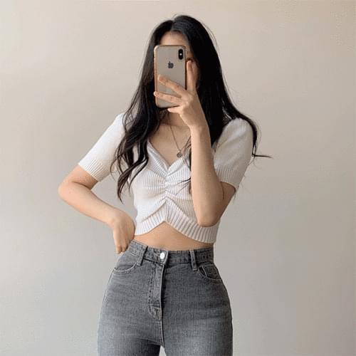 Terry Shirring Crop Heart Neck Knitwear Short Sleeve